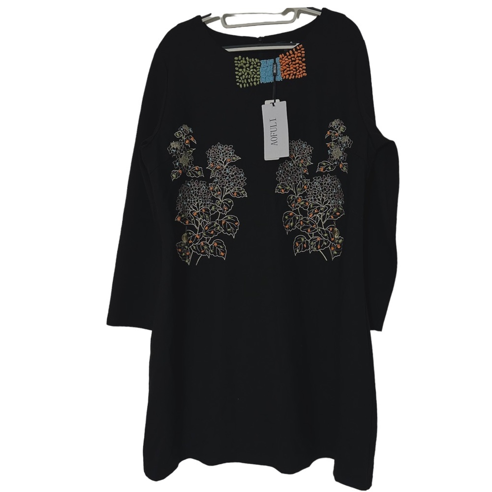 Aofuli Women’s Artsy Beaded Enbroidered Black Mini‎ Dress Size 4XL